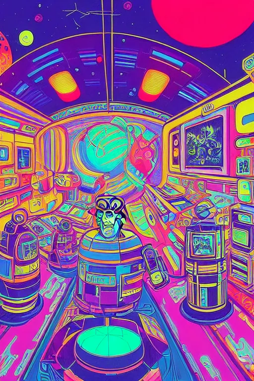 Image similar to a brightly colored drawing of a room with a bed in an 8 0 s art deco international space station, robots, led screens, droids, a detailed painting by lisa frank, james jean, kilian eng, moebius, featured on deviantart, psychedelic art, psychedelic, whimsical, vivid colors