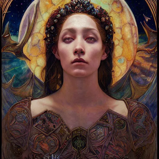 Prompt: queen of the moon with stars in her hair, by annie swynnerton and tino rodriguez and donato giancola and nicholas roerich and jean delville and diego rivera and charlie bowater, dramatic lighting, god rays, geometric tattoos, rich colors, smooth sharp focus, extremely detailed, adolf wolfli