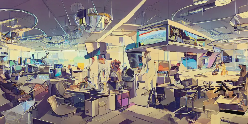 Image similar to retrofuturistic innovation hub for startups and small businesses working with virtual reality, augmented reality, AI, 5G and crypto by syd mead and ron cobb