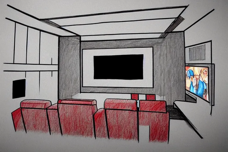 Prompt: a modern home movie theater, sleek, comfortable, stylish decor, popcorn machine, movie posters, designed by kelly wearstler, detailed rough color pencil sketch illustration