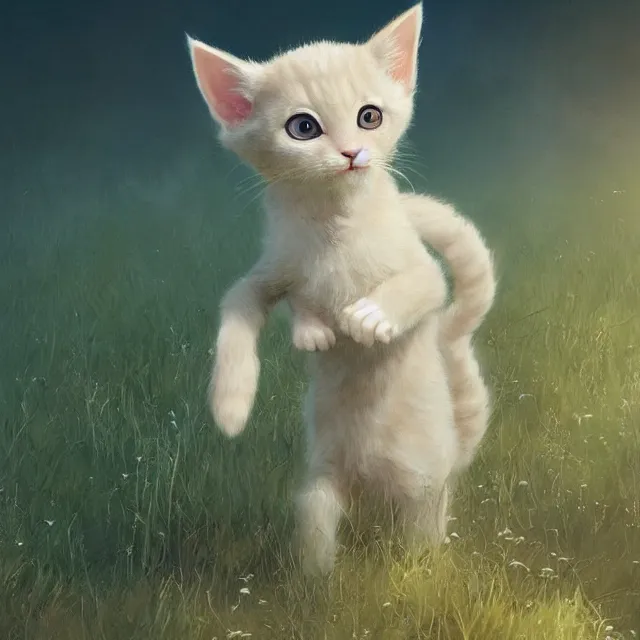 Prompt: a painting of a cute light beige kitten. dark brown ears and face and legs and tail. white paws. tall grass. big eyes. character design by cory loftis, fenghua zhong, ryohei hase, ismail inceoglu and ruan jia. volumetric light, detailed, rendered in octane