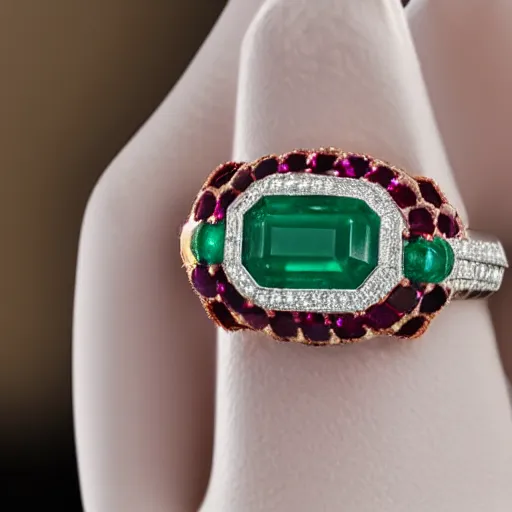 Image similar to stunning ring with 4 5 carat diamond, adorned with ruby, emerald, and sapphire, on wife finger