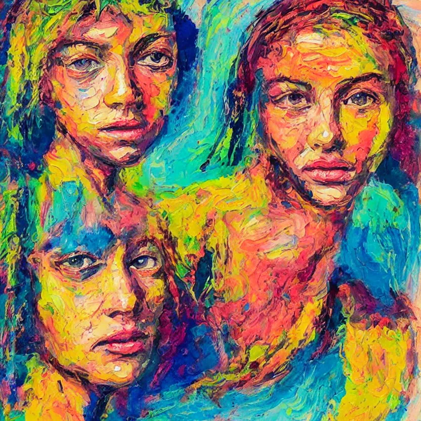 Image similar to intricate portrait made of colorful gouache thick impasto circles