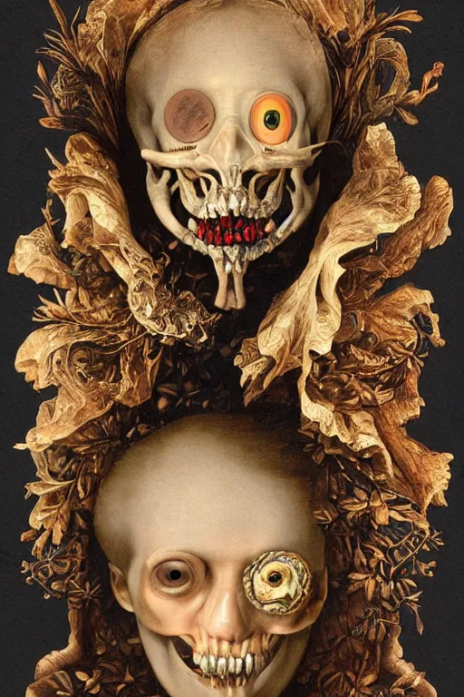 Prompt: Detailed maximalist portrait with large lips and with large wide eyes, surreal extra flesh, teeth and bones, HD mixed media, 3D collage, highly detailed and intricate, illustration in the golden ratio, in the style of Caravaggio, dark art, baroque