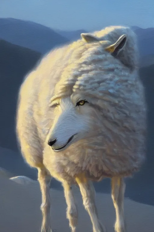 Image similar to sheep wolf, oil paintig, artstation, concept art, national geographics, golden hour, beautiful, 6 0 0 mm