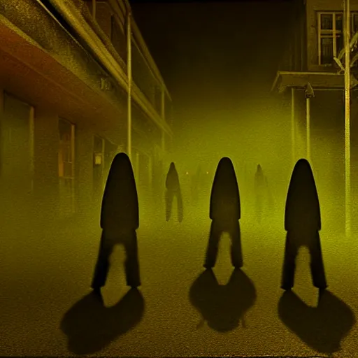 Image similar to mob of faceless shadow zombies. high angle from 2 nd floor cinematic movie photograph looking down diagonally across a spooky dark very foggy main street intersection in an abandoned small town at night, muted greens muted yellows color palette. dozens of faceless ghouls walking towards us menacingly through the dense fog. 2 point perspective. overrun with dark zombie shadows.