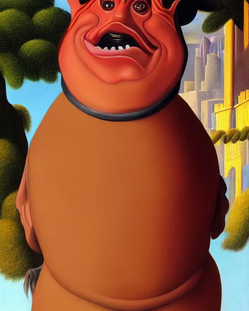 Prompt: a fernando botero painting of jar jar binks on naboo