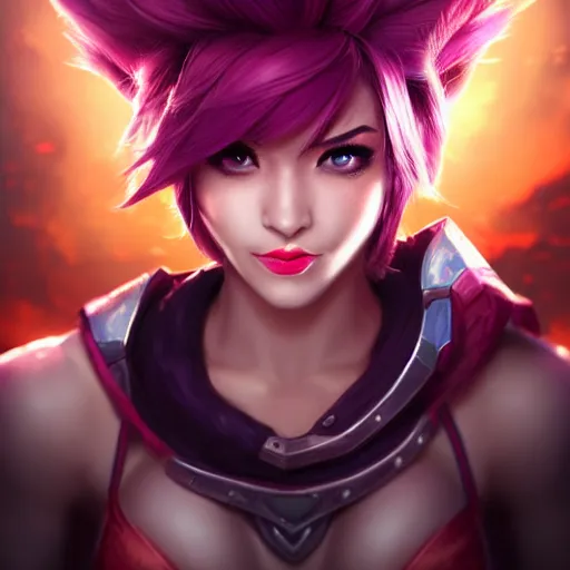 Image similar to portrait of Vi from League of Legends, by Fortiche Studio, by Riot Games, from Netflix's Arcane, trending on artstation,fine details, realistic shaded, fine-face, painted texture, pretty face