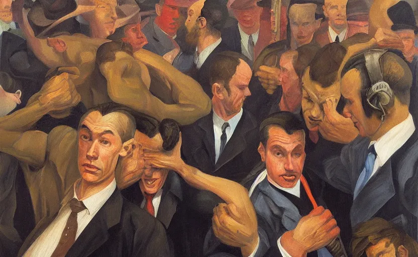 Image similar to Oil painting of mens in newyork stock exchange trading floor bearish markets droped fighting each other by Lucian Freud, Abstract brush strokes, Masterpiece, Edward Hopper and James Gilleard, Zdzislaw Beksinski, Mark Ryden, Wolfgang Lettl highly detailed, hints of Yayoi Kasuma