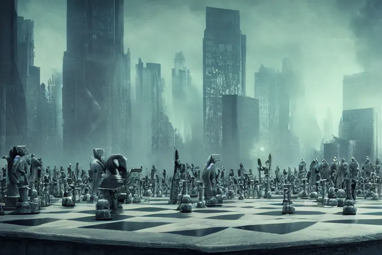 Image similar to A dystopian future in a larger than life-size game of Chess, evil, demonic, angelic, environment concept, Rendered in Octane, trending on artstation, cgsociety, moody lighting rendered by octane engine, environment 8K artstation, cinematic lighting, intricate details, 4k detail post processing, hyperealistic, octane render, photo realism