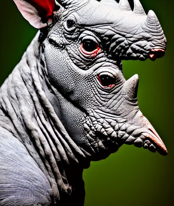 Prompt: a high resolution realistic close up photo portrait of a rhino reptile creature made of doglike birds computer merged kangaroo, ork electronic wires bower bird creature wrinkles pheasant, complex feathers exotic morphing hoopoe, zebra morphing wings king vulture head