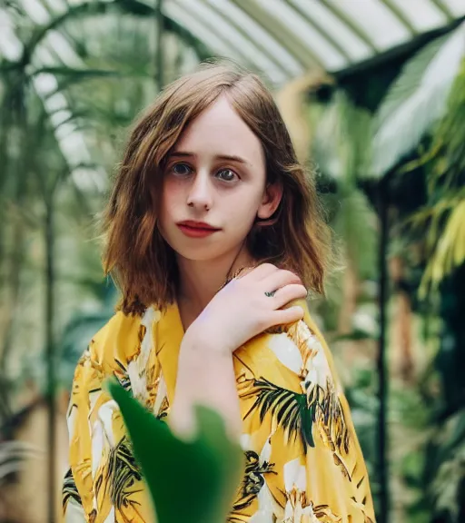 Image similar to head to shoulder Portrait an attractive young female that looks like Maya Hawke wearing a yellow kimono in a tropical greenhouse with a very detailed barn owl on her shoulder, medium format camera, 85mm f1.8, bokeh, Fashion shoot 8k, dreamy, elegant