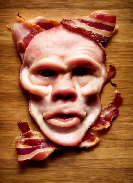 Image similar to bacon in the shape of a human face, human face made out of bacon, kevin bacon made out of bacon, professional food photography, unreal engine