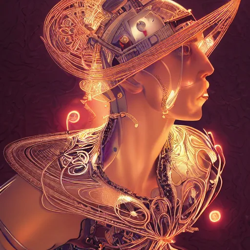 Image similar to the portrait of an absurdly graceful, sophisticated, fashionable ottomanpunk robotess idol, an ultrafine hyperdetailed illustration by kim jisu, intricate linework, neon wiring, porcelain skin, unreal engine 5 highly rendered, global illumination, radiant light, detailed and intricate environment, by rutkowski, artgerm, marvel comics