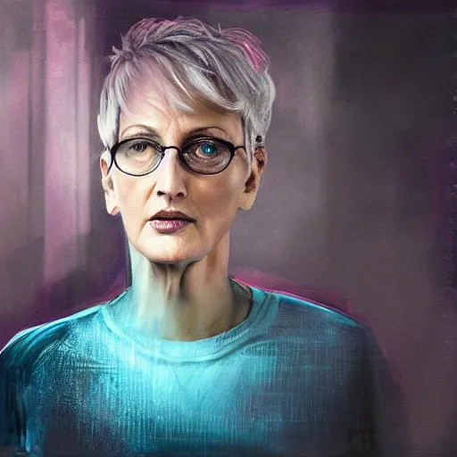 Prompt: woman in her 6 0 s with close cropped hair. lori petty. running on a treadmill. side on. realistic concept art painting. cinematic lighting. dark and moody. scifi