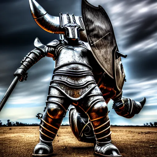 Prompt: photo of a warrior with metal rhinoceros themed armour, highly detailed, 4 k, hdr, smooth, sharp focus, high resolution, award - winning photo