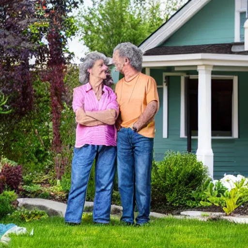 Image similar to a man and a woman around 3 0 years are standing in the backyard of a downtown home. natural faces, realistic colors, detailed photo 8 k