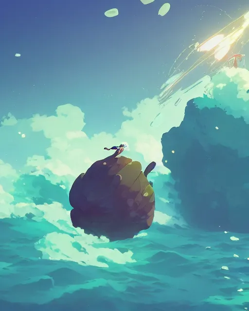 Prompt: a rock needle shooting out of the deep blue ocean, lush vegetation, glowing light, cory loftis, james gilleard, atey ghailan, makoto shinkai, goro fujita, studio ghibli, rim light, exquisite lighting, clear focus, very coherent, plain background, soft painting