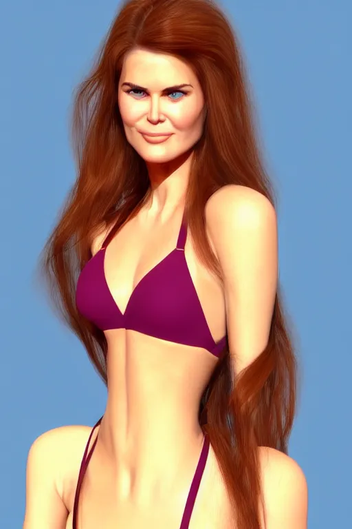 Image similar to mix of beautiful young maria shriver, mariel hemmingway, brooke shields, nicole kidman and elle macpherson as a young bikini model, thin lips, hair tied up in a pony tail, dark blonde hair, colorful, artstation, cgsociety