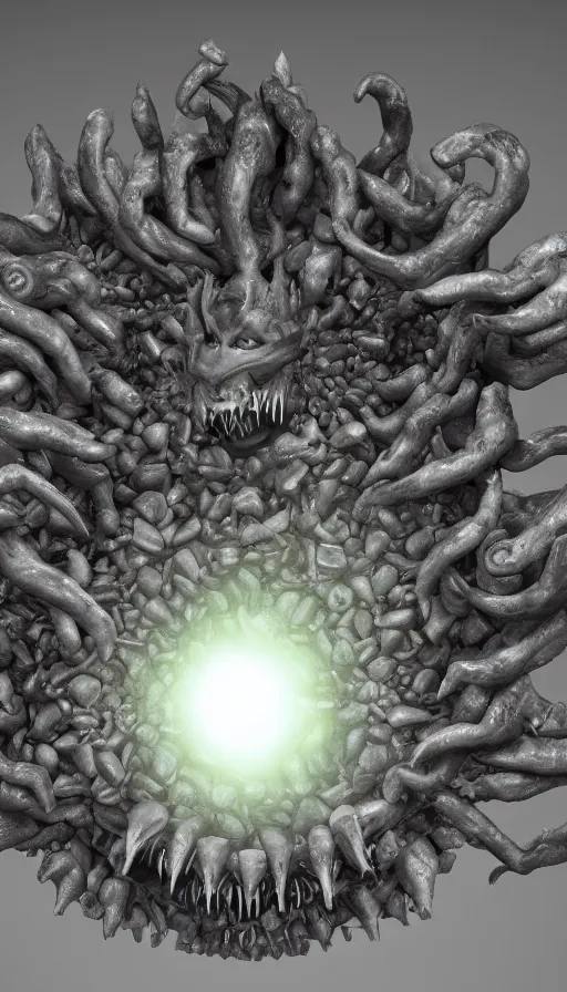 Image similar to a storm vortex made of many demonic eyes and teeth, with vray