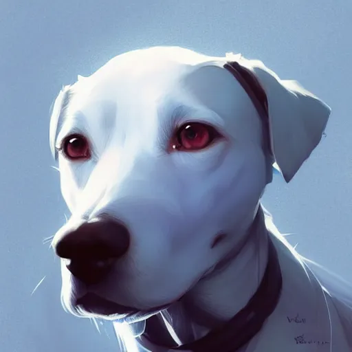 Image similar to a white dog wearing a blue cap,Character design by charlie bowater, ross tran, artgerm, and makoto shinkai, detailed, inked, western comic book art, 2021 award winning painting,digital art,ultra realistic,ultra detailed,art by greg rutkowski,detailed face,hyperdetailed,photorealistic