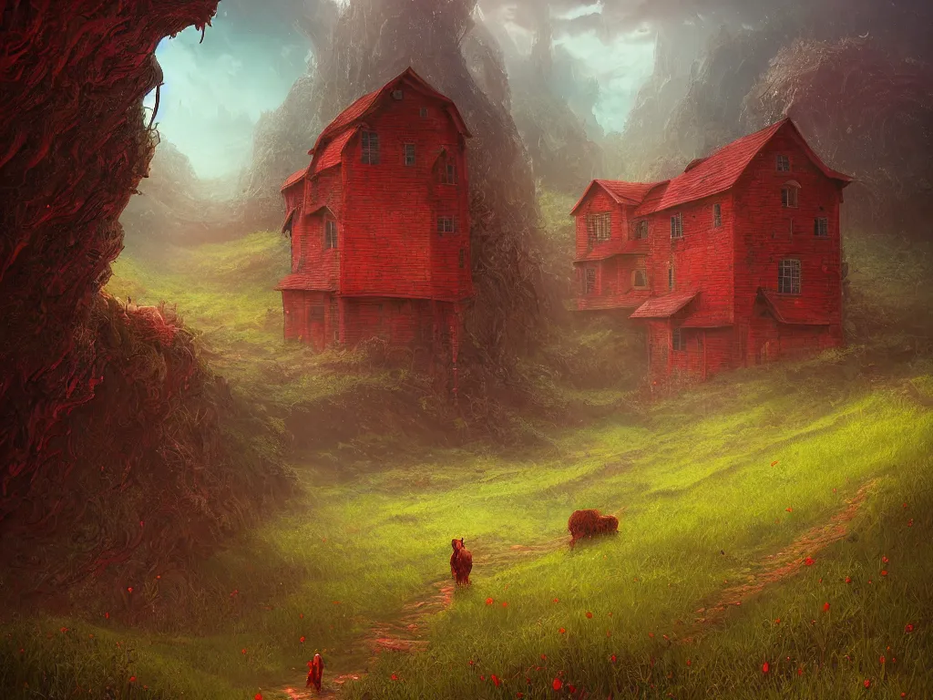 Prompt: Intricate detailed lush ravine with an isolated red barn next to a wheat crop at noon. Wide angle shot, surreal, dreamlike, fantasy, Artstation, Randy Vargas, Anato Finnstark, Bayard Wu, Marc Simonetti.