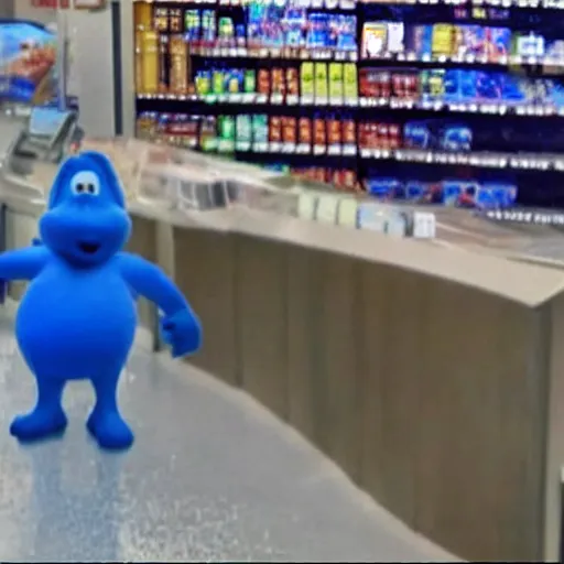 Prompt: security camera footage of a smurf breaking into a convenience store.