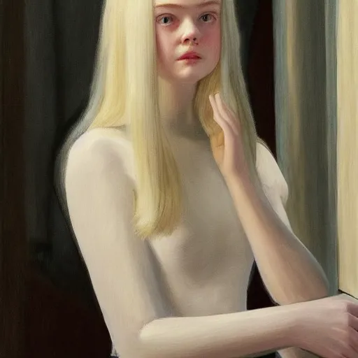 Prompt: Painting of Elle Fanning in Star Wars, long blonde hair, delicate, pale milky white porcelain skin, by Edward Hopper. 8K. Extremely detailed.