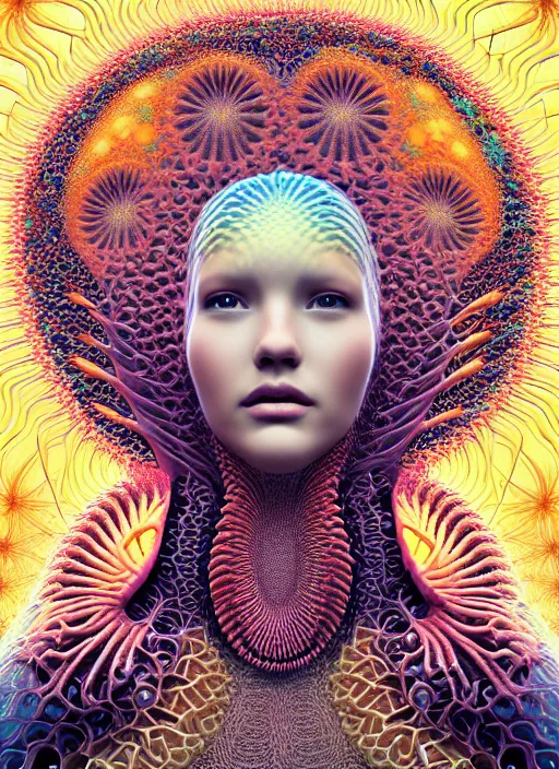 Prompt: ridiculously beautiful young woman tripping, coral fractals radiating from head with sacred geometry, natural, symmetrical, in the style of ernst haeckel, effervescent, warm, photo realistic, epic and cinematic,
