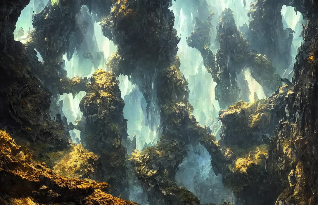 Prompt: a huge cave with a light portal far away in the style of stephan martiniere, detailed dreamscape, hyperreal phantastic, intricate details in environment, golden ratio, high aestehtic, waterfalls and lakes, cinematic light dramatic light, lightrays, flying birds in distance, trending on artstation