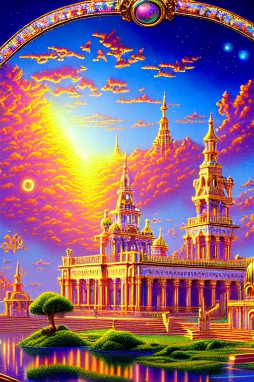 Prompt: a photorealistic detailed cinematic image of a beautiful vibrant iridescent future for human evolution, spiritual science, divinity, utopian, cumulus clouds, ornate architecture, isometric palace, sunset, ornate intricate embellished kingdom. jewels and diamonds, by david a. hardy, kinkade, lisa frank, wpa, public works mural, socialist