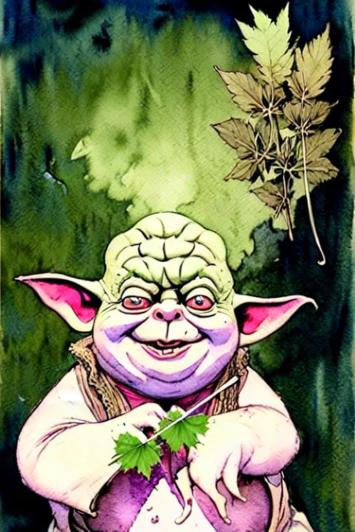 Image similar to a realistic and atmospheric watercolour fantasy character concept art portrait of a fat yoda with pink eyes giggling and holding a blunt with a pot leaf nearby, by rebecca guay, michael kaluta, charles vess and jean moebius giraud