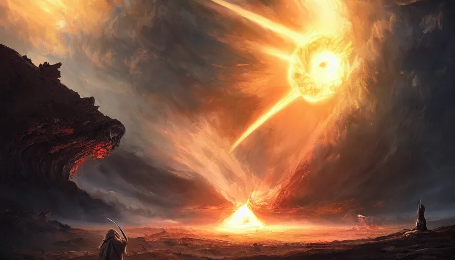 Image similar to a beautiful painting of gandalf watching a huge fireball destroy an alien world with dual suns, ray traced lighting by jean kalin popov and greg rutkowski