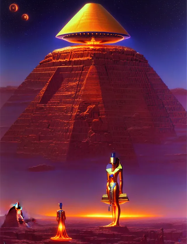 Prompt: a giant king tut mecha ufo, female statue, tim hildebrandt, wayne barlowe, bruce pennington, donato giancola, trending on artstation, cinematic composition, beautiful lighting, hyper detailed, 8 k, oil on canvas