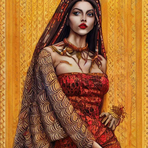 Prompt: fashion designer art by gerald brom of a beautiful girl wearing modern stylish costume in the style of Assamese bihu mekhela sador design gamosa, art by elegant glamourous cosplay, ornamental, intricate, sensual, highly detailed, artstation, golden ratio, sharp focus