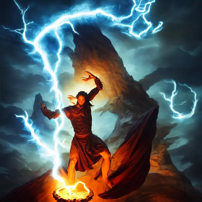 Prompt: magic strong sorcerer casting a powerful arcane magic spell, fire, ice, lightning, fantasy, occult, mystical, majestic pose, half body portrait, dramatic lighting, cinematic scene, frank frazetta, visually stunning, sharp focus, extremely detailed, colorful, godrays, trending on artstation, unreal engine, octane render, cgsociety, artgerm