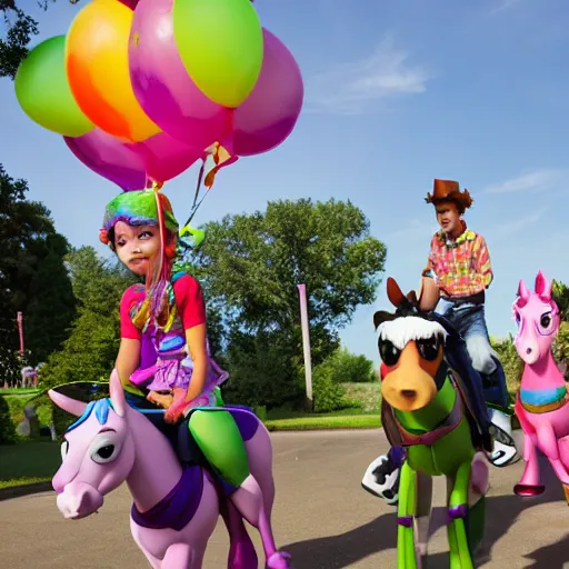 Image similar to children from Toy Story riding (my little pony) at a birthday party in the city park. balloons, cake, presents, craziness, havoc, by Pixar