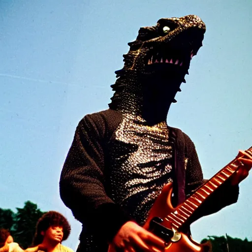 Image similar to a person in a Godzilla costume as Jimi Hendrix performing on stage at Woodstock, photo