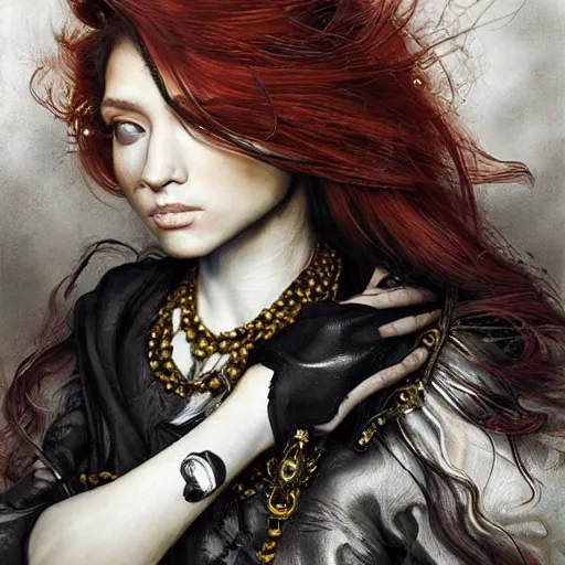 Image similar to portrait, headshot, insanely nice professional hair style, dramatic hair color, digital painting, of a old 17th century, old cyborg merchant, amber jewels, baroque, ornate clothing, scifi, realistic, hyperdetailed, chiaroscuro, concept art, art by Franz Hals and Jon Foster and Ayami Kojima and Amano and Karol Bak,