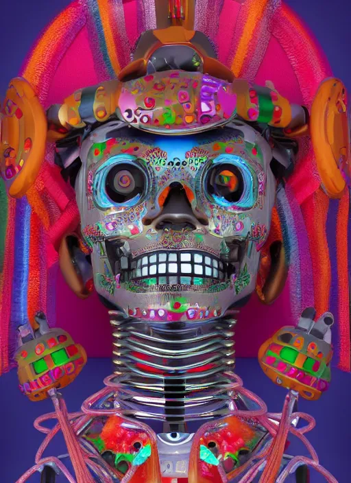 Prompt: a mexican gay robot in the day of the dead style, smiling, digital illustration, amazing detail, ray tracing, symmetric, 3 d render, inspired by deema egorov and sebastian jm, concept art, vibrant