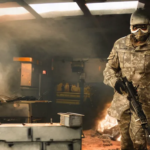 Image similar to soldier with toaster oven augmentation, dark messy smoke - filled cluttered workshop, dark, dramatic lighting, orange tint, sparks, cinematic, highly detailed, sci - fi, futuristic, movie still