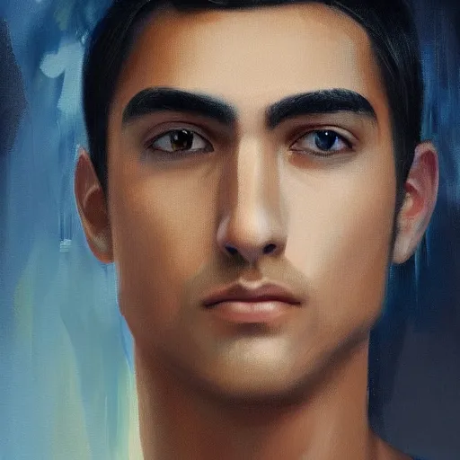 Image similar to ethereal aesthetic painting of a beautiful man with tan skin and short dark hair, clean shaven, angelic, 4k, trending on artstation