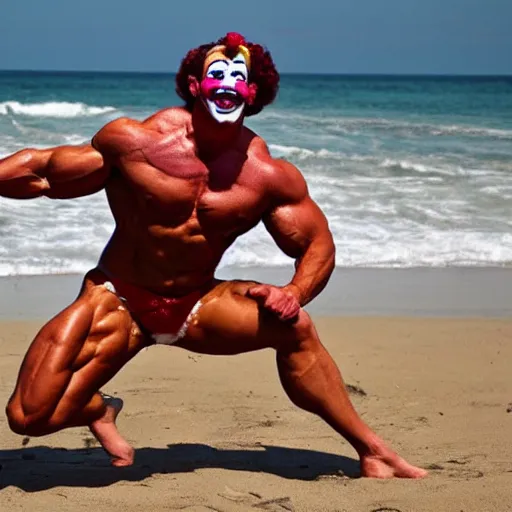 Prompt: muscular clown flexing at the beach