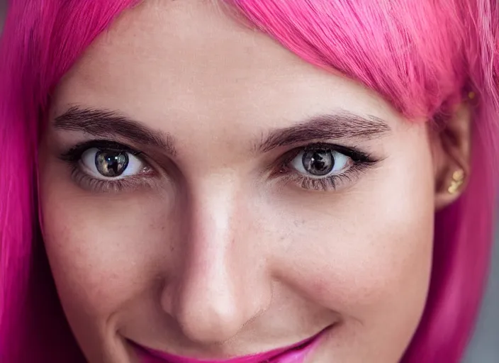 Prompt: portrait photography, the most beautiful woman in the world, beautiful, happy expression, cheery, 8k, closeup headshot, smooth, trending on 500px, pink hair