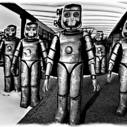 Image similar to cybermen in antarctica, creepy, black and white, 8mm