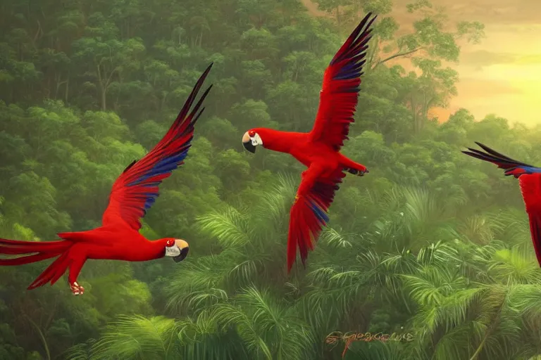 Prompt: gorgeous scarlet macaws flying at beautiful sunset in the distance through the forest, jungle mountains in the background, highly detailed, trending on art station, very detailed birds, art by greg rutkowksi