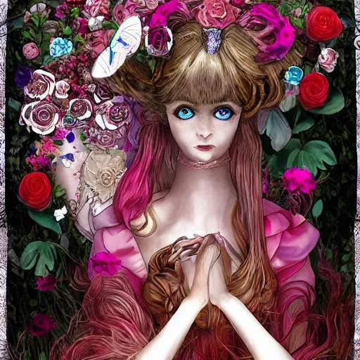 Image similar to Alice in Wonderland at the tea party, she looks like a mix of grimes, Aurora Aksnes and Zendaya, childlike, billowing elaborate hair and dress, strings of pearls, surrounded by red and white roses, digital illustration, inspired by a stylistic blend of Aeon Flux, Japanese shoujo manga, and Henry Darger, hyper detailed, dreamlike, incredibly ethereal, super photorealistic, iridescent, dichroic prism, speckled, marbling effect, tulle and lace, extremely fine inking lines