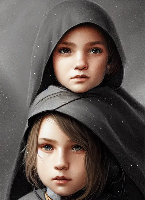 Image similar to perfectly - centered - portrait of a kid wearing black cloak holding stick, intricate, highly detailed, digital painting, artstation, concept art, smooth, sharp focus, illustration, unreal engine 5, 8 k, art by artgerm and greg rutkowski and alphonse mucha