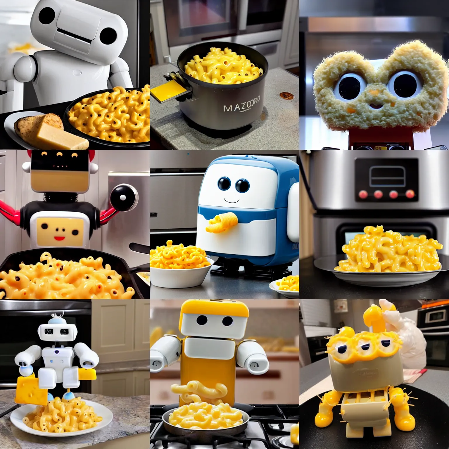 Prompt: <picture quality=hd+ mode='attention grabbing'>an adorable fluffy robot cooks you macaroni and cheese</picture>