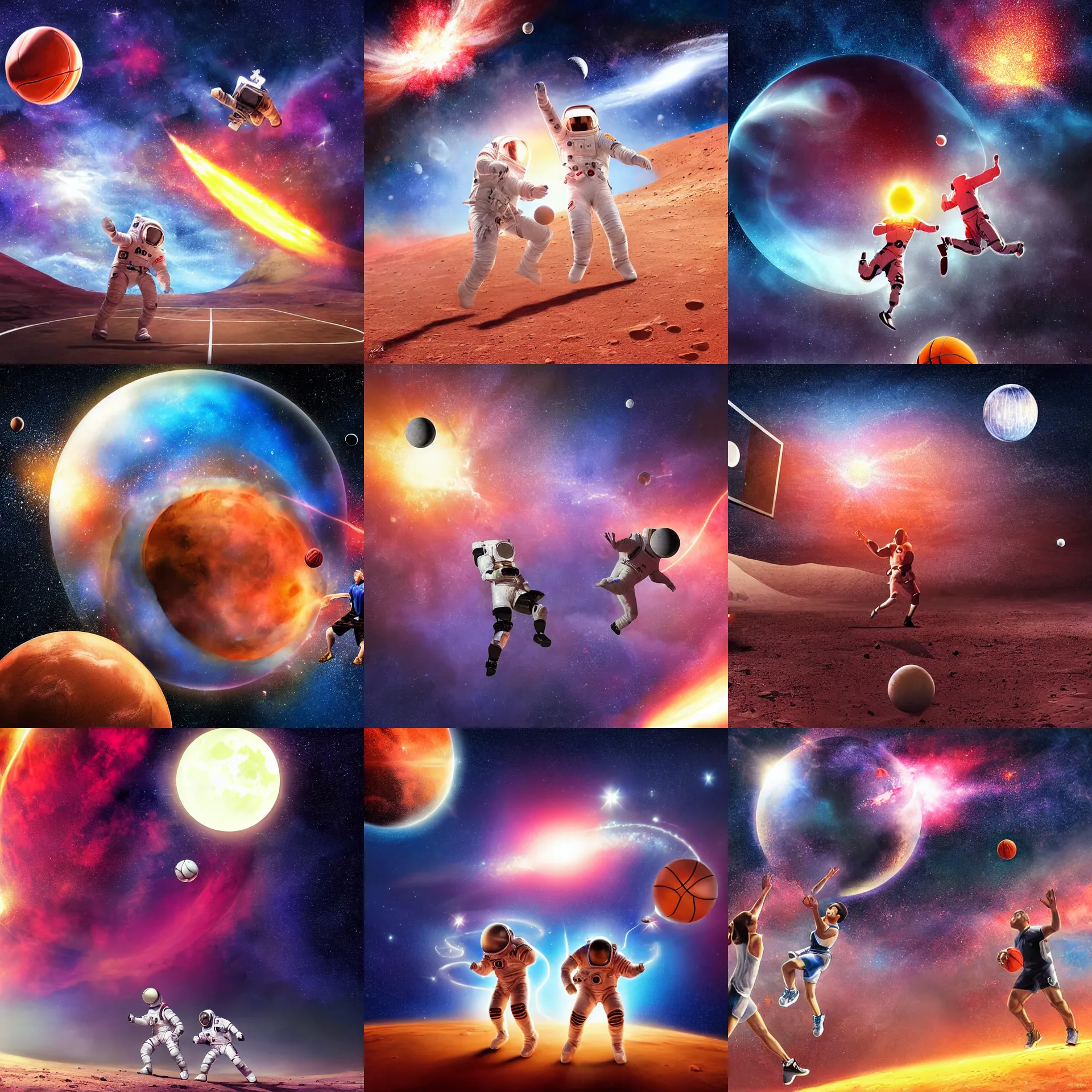 Prompt: Two astronauts playing basketball on the surface of mars with the moon as the ball, a colorful nebula explosion in the sky background, digital art